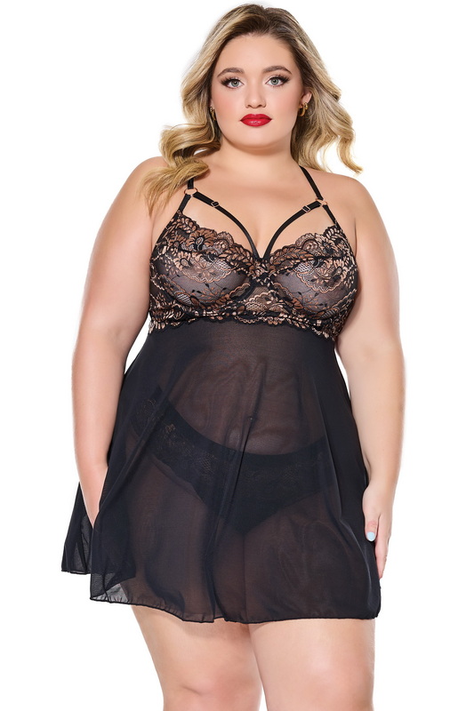 Plus Size Rose Gold & Black Lace Babydoll image 1