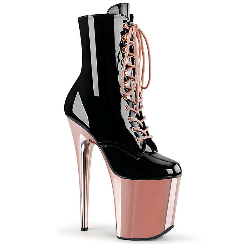 8" Heel Black & Rose Gold Chrome Lace-Up Front Ankle Boots
