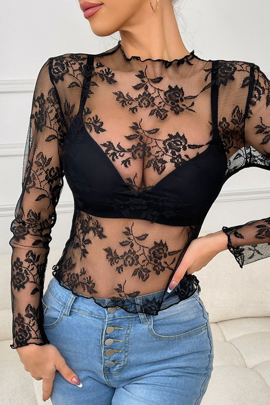 Black Lace Long Sleeve Top image 1