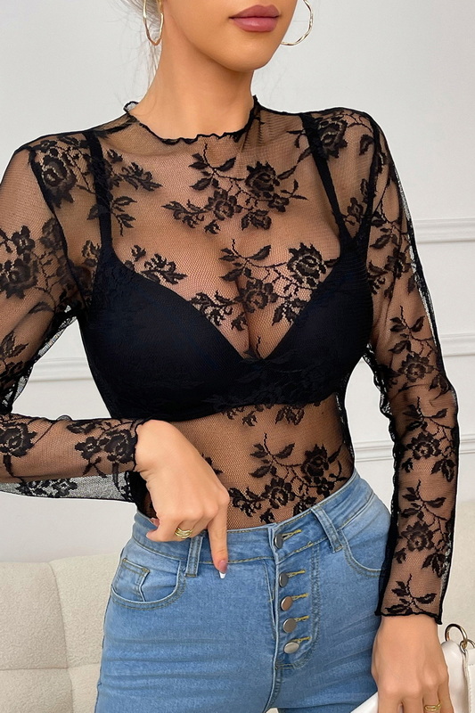 Black Lace Long Sleeve Top image 2