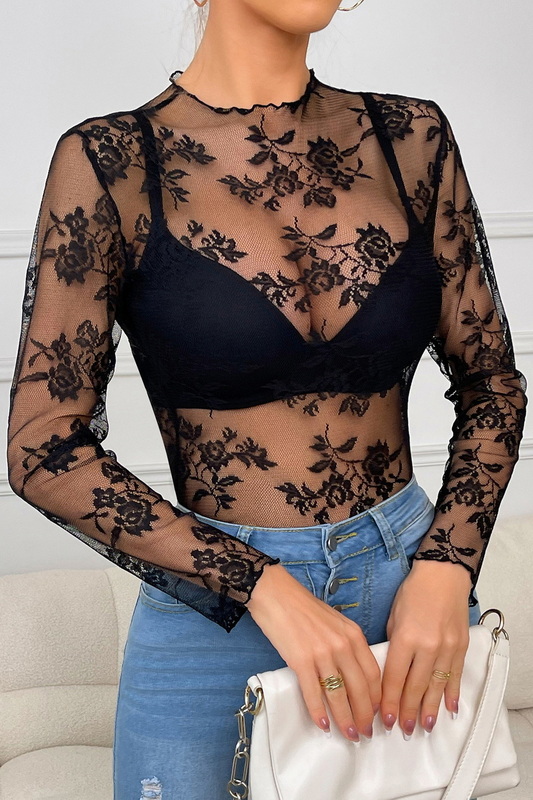 Black Lace Long Sleeve Top image 3