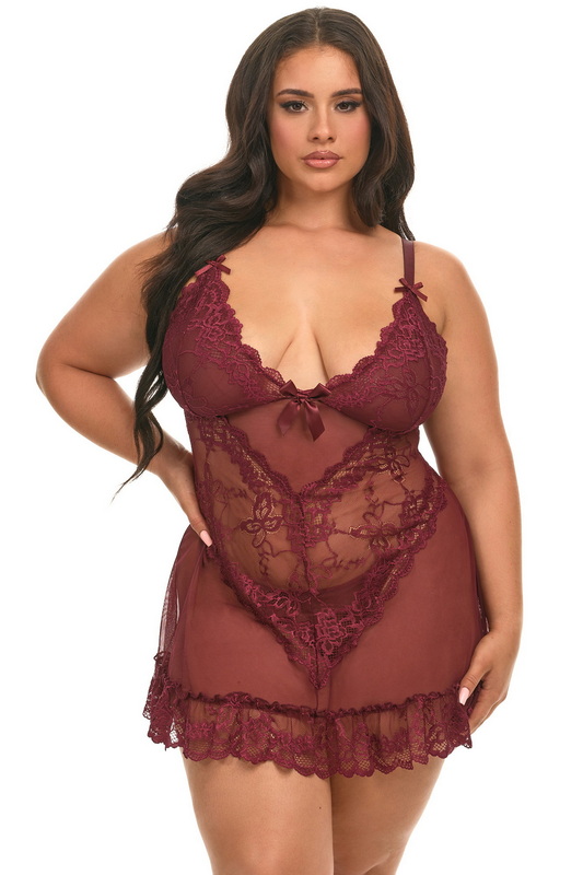 Plus Size Be Mine Romantic Lace Wine Lingerie Chemise & Thong Set