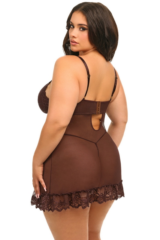 Plus Size Be Mine Romantic Lace Brown Lingerie Chemise & Thong Set image 1