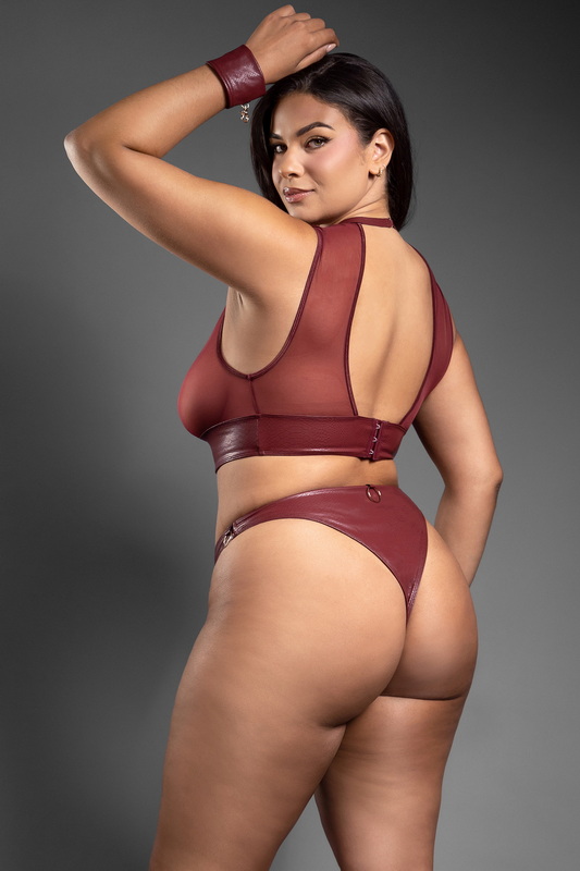 Plus Size Burgundy Mesh & Faux Leather Cutout Top & Panty Set image 1