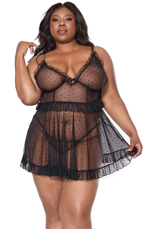 Plus Size Cutesy Ruffled Mesh Black Lingerie Babydoll Set image 1