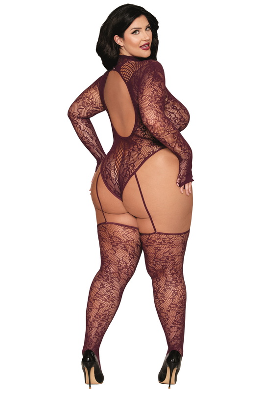Plus Size Lace Knitted Cherry Lacquer Bodystocking image 1