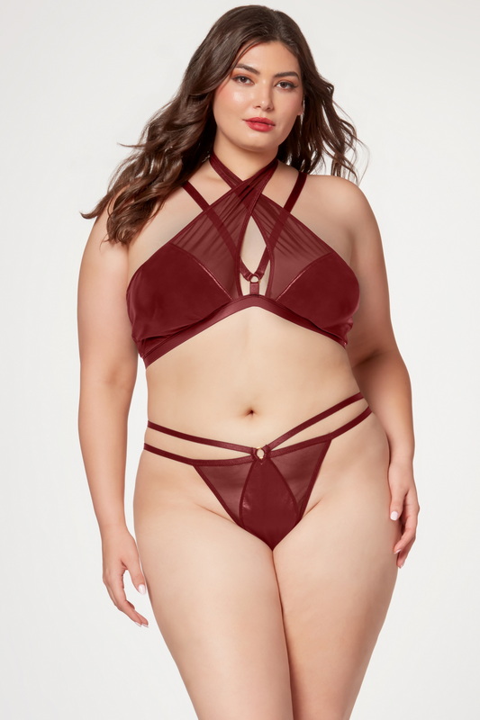 Plus Size Wine Midnight Love Vegan Leather Lingerie Bra Set Blowout Deal
