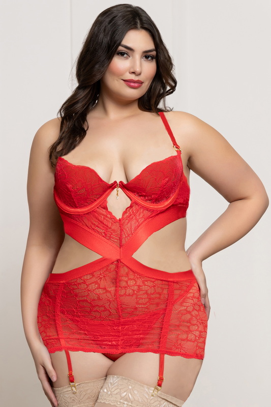 Plus Size Island Desire Lace & Satin Gartered Red Chemise