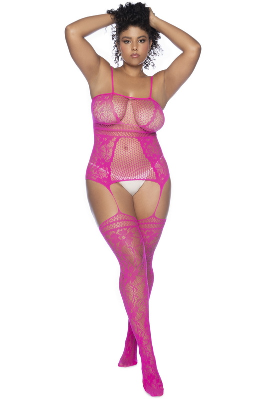 Plus Size Neon Pink Floral & Fishnet Bodystocking