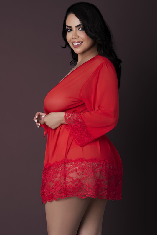 Plus Size Flirty Fire Red Lace Lingerie Robe image 2