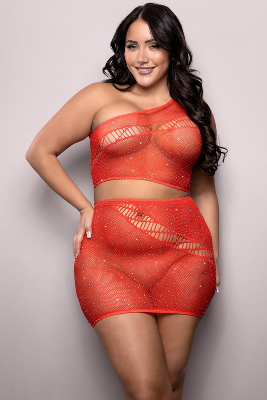 Plus Size Set The Tone Red Fishnet Rhinestone Top & Skirt