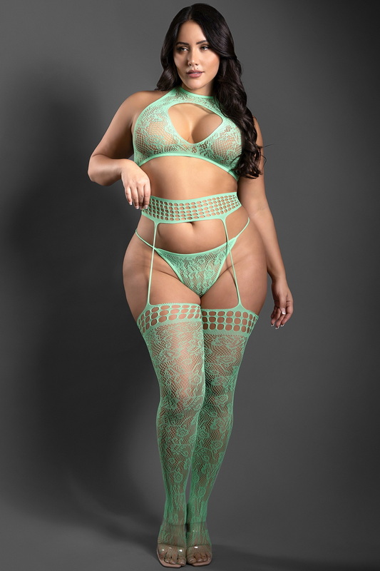 Plus Size Heart Of Glass Lace Green Top & Panty Set