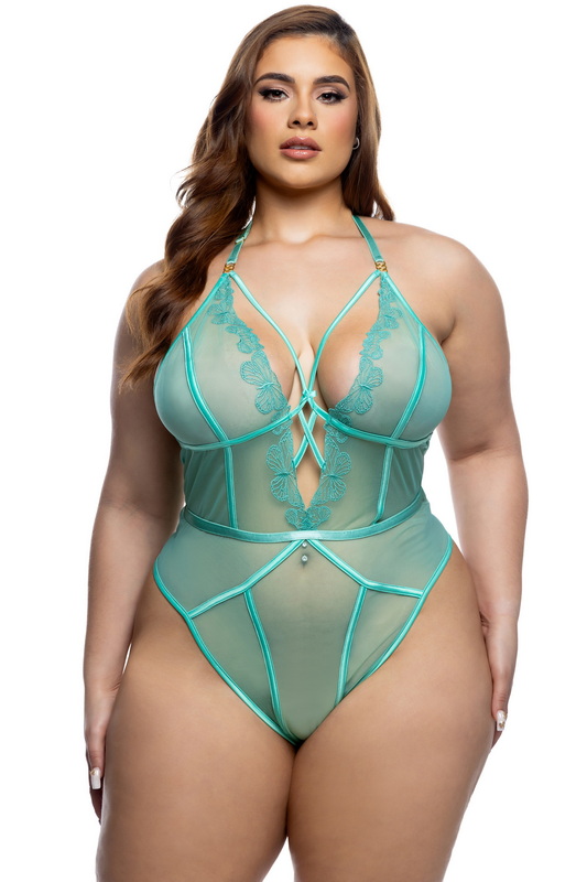 Plus Size Butterfly Bliss Mint Mesh Lingerie Teddy