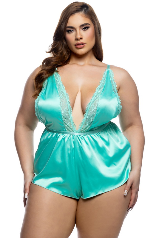 Plus Size Bedtime Flirt Mint Satin Lingerie Teddy