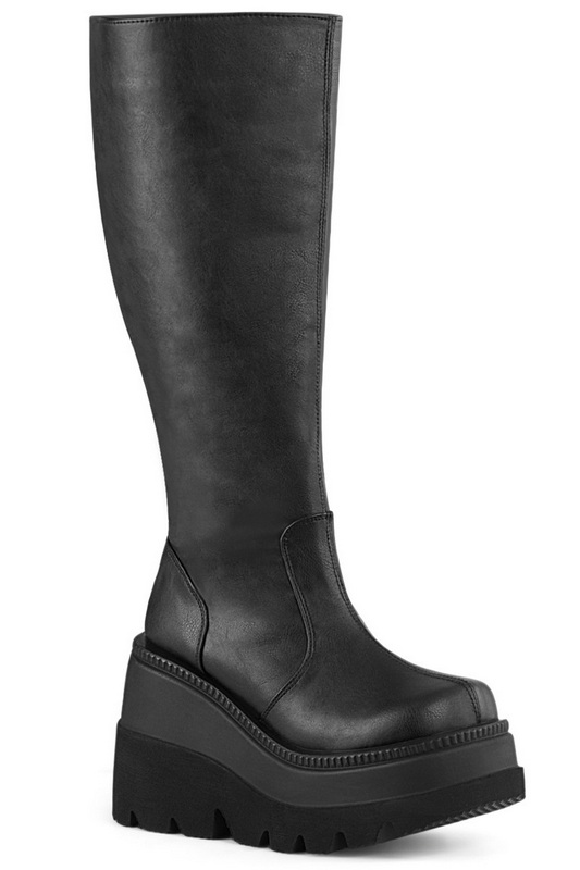 Black Vegan Leather Wide Calf Knee High Platform Boot Blowout Deal