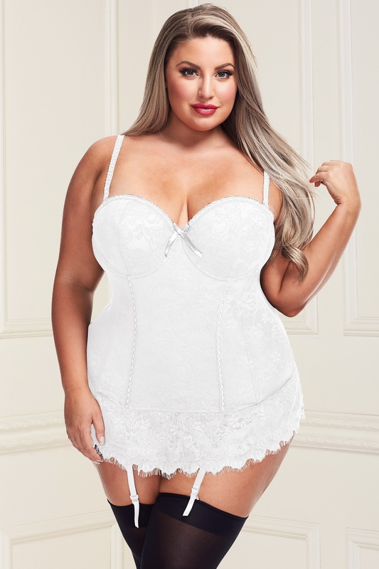 Plus Size White Lace Overlay Bustier & G-String Blowout Deal