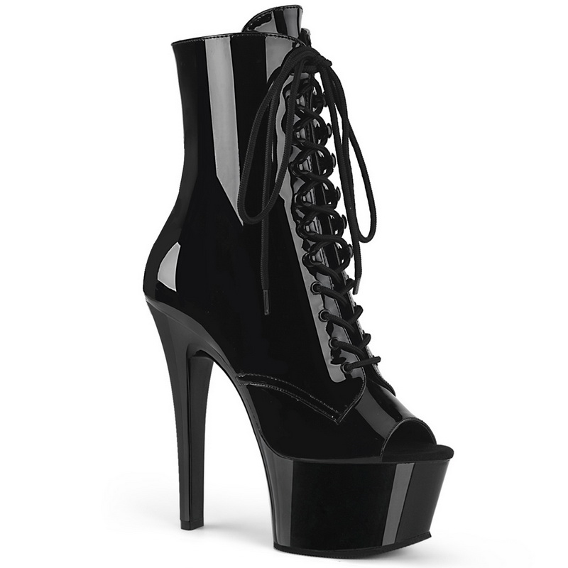 6" Heel Black Patent Platform Open Toe Ankle Boots Blowout Deal