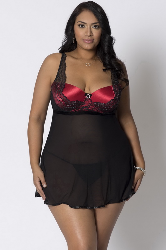 Plus Size Red & Black Please Me Lingerie Babydoll & Thong Set Blowout Deal