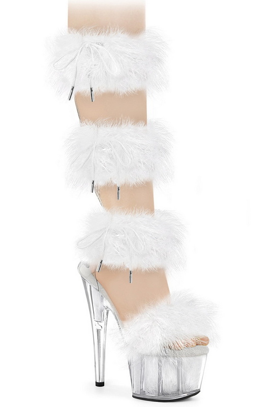 White 7" Heel Fur Band Mid Calf Sandal Blowout Deal
