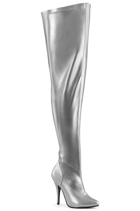 Silver Metallic 5" Stiletto Wide Shaft Thigh High Boot Blowout Deal