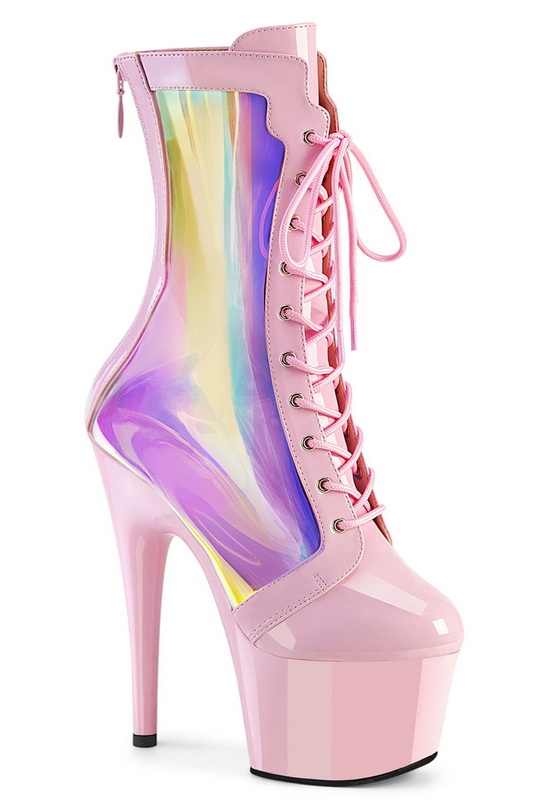 7" Holographic Baby Pink Lace Up Mid Calf Boot Blowout Deal