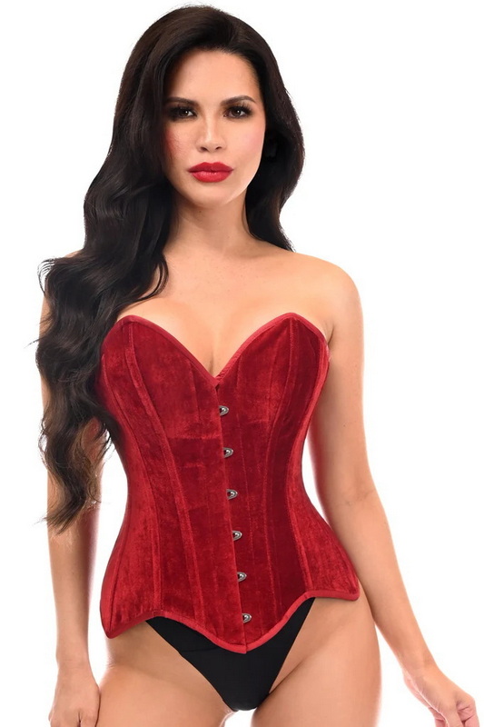 Top Drawer Dark Red Velvet Steel Boned Overbust Corset Blowout Deal