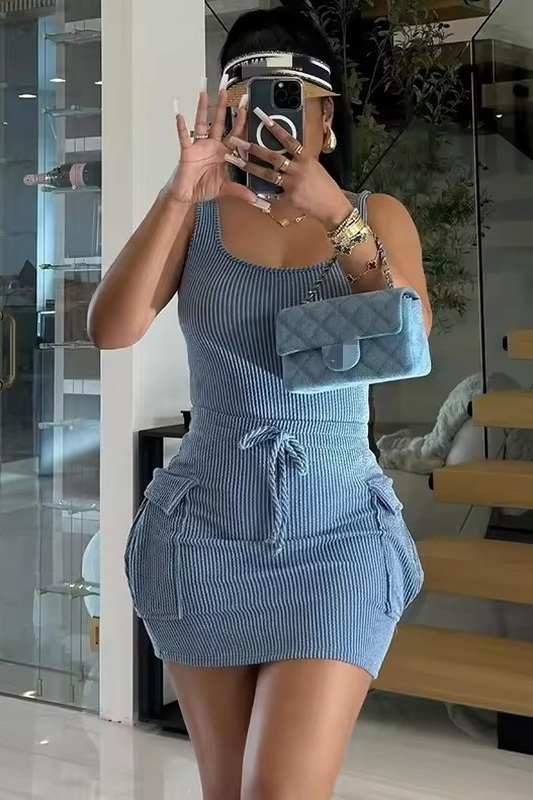 Blue U-Neck Drawstring Dress Blowout Deal