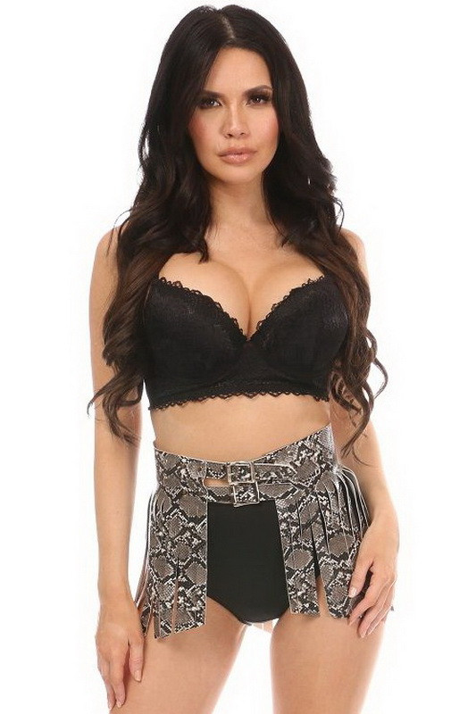Snake Skin Print Faux Leather Fringe Skirt