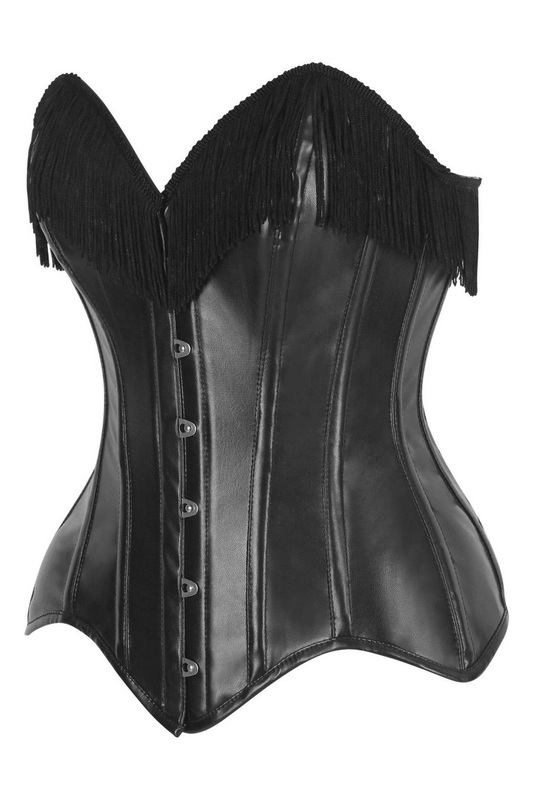 Top Drawer Black Fringe Faux Leather Steel Boned Overbust Corset image 1
