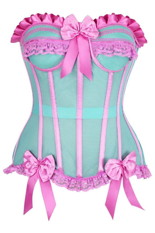 Plus Size Top Drawer Steel Boned Mint & Pink Mesh Bustier Corset