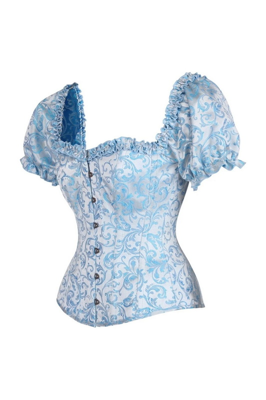 Top Drawer Steel Boned Blue Brocade Overbust Corset With Sleeves image 1