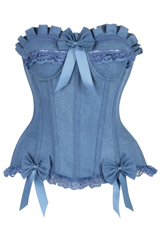 Plus Size Top Drawer Blue Denim Steel Boned Burlesque Corset image 1
