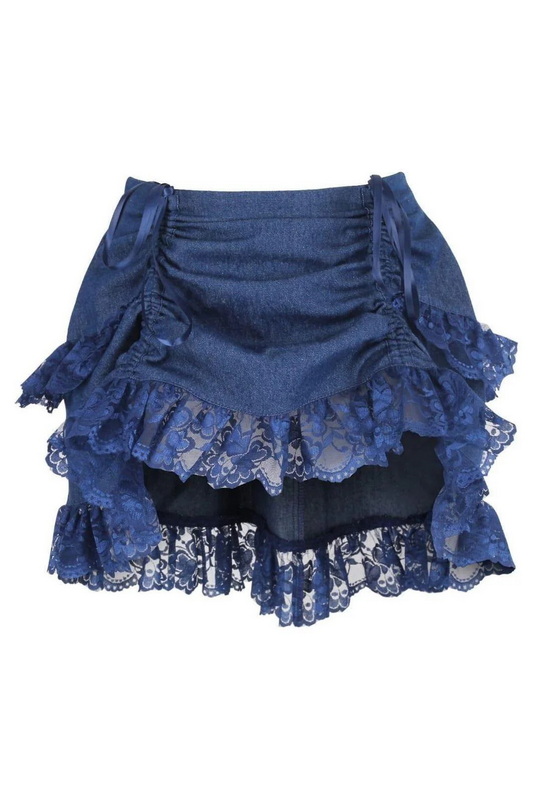 Dark Blue Denim Ruched Bustle Skirt With Lace