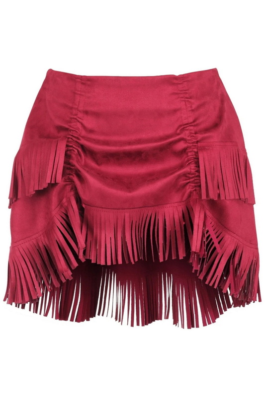 Red Suede Ruched Bustle Skirt With Fringe