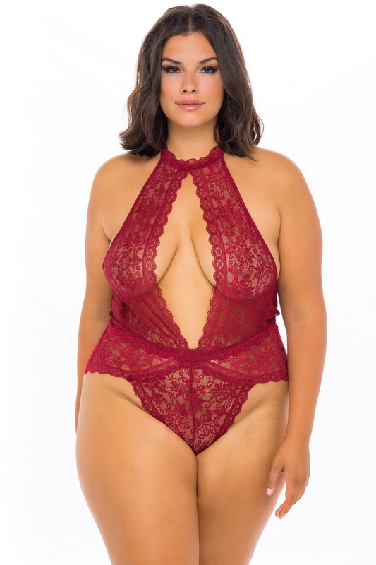 Plus Size Rhubarb Red Soft lace Collared Lingerie Teddy Blowout Deal