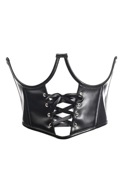 Top Drawer Black Faux Leather Steel Boned Lace-Up Open Cup Underbust Corset Blowout Deal image 1