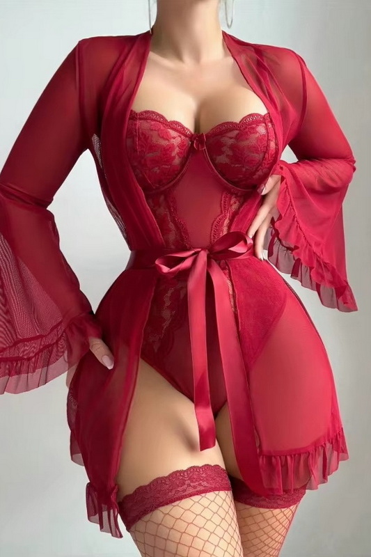 Sweet Escape Burgundy Open Crotch Lingerie Teddy & Lingerie Robe Set image 4