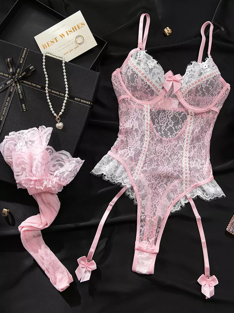 Pretty In Lace Pink Lingerie Bustier Teddy & Garter Set image 3
