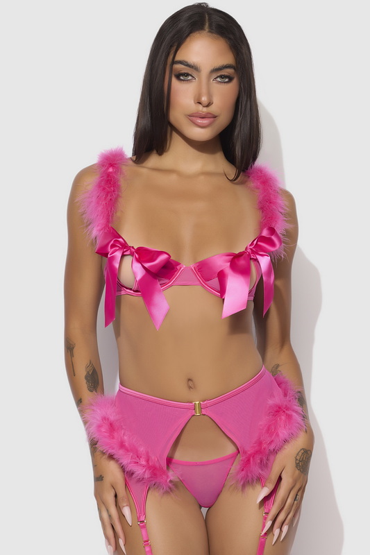 Marabou Mesh Pink Dream Bra & Garter Set