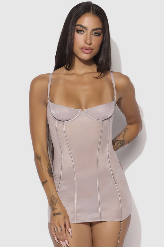 Plus Size Lustrous Rhinestone Silver Grey Lingerie Chemise Set