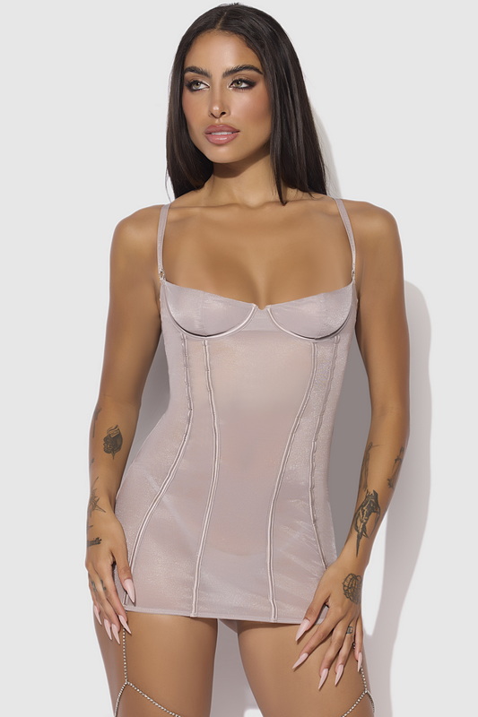 Plus Size Lustrous Rhinestone Silver Grey Lingerie Chemise Set image 2