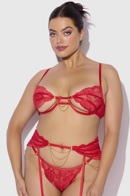 Plus Size Elegant Lace Red Chain Bra & Garter Set
