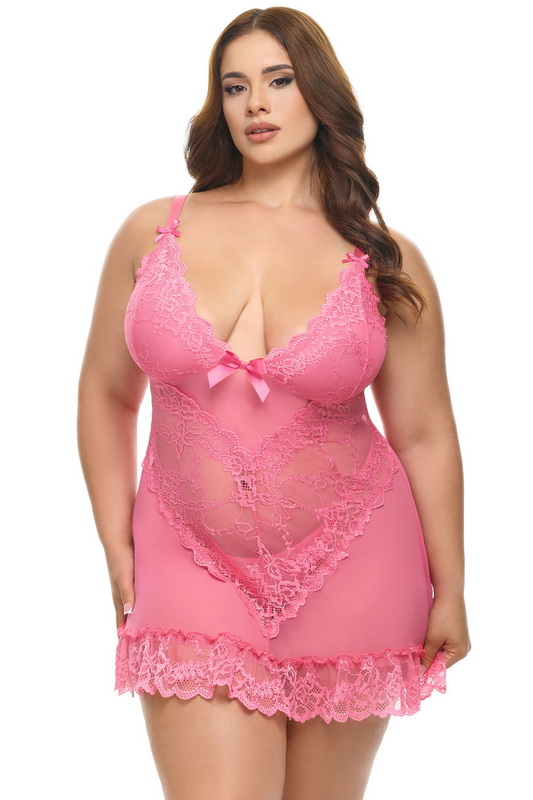 Plus Size Be Mine Pink Romantic Lace Chemise & Thong Set