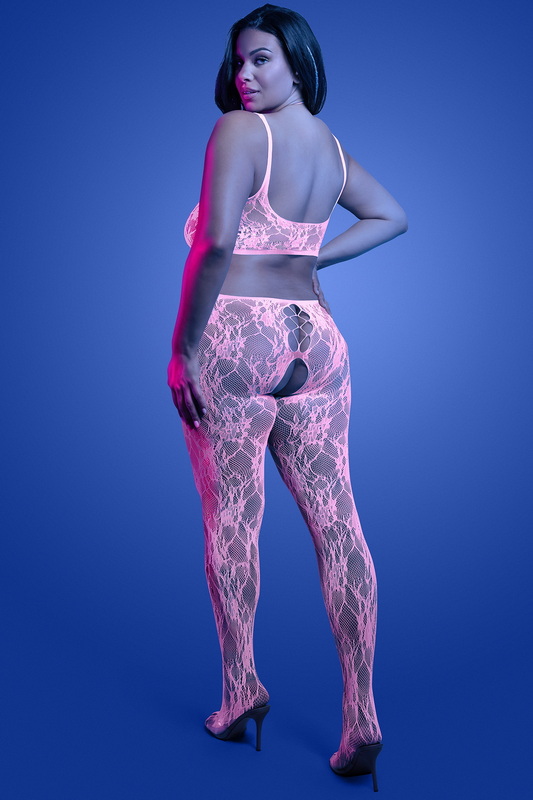 Plus Size Lady In Lace White Crotchless Glow Bodystocking image 1