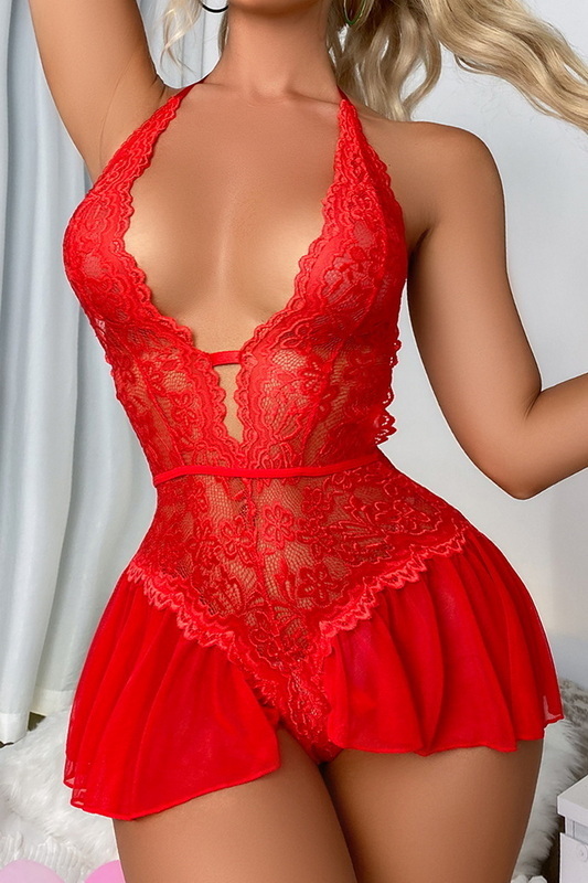 Midnight Encounters Red Lace Open Back Lingerie Teddy image 3