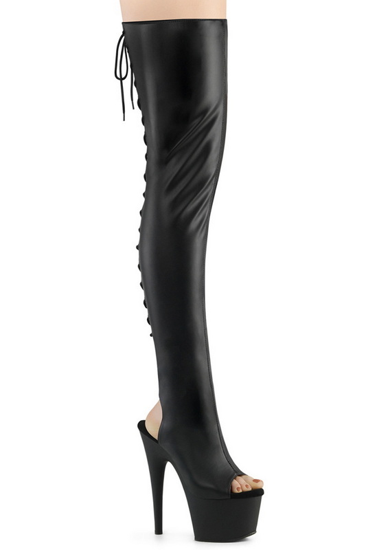 7" Heel Black Stretch Faux Leather Thigh High Back Lace Up Boots Blowout Deal