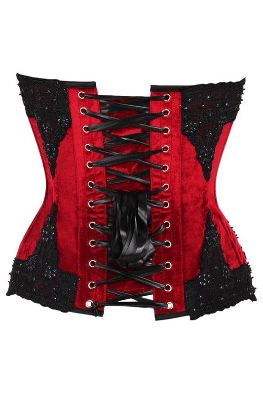 Top Drawer Dark Red Velvet & Beaded Overbust Corset Blowout Deal thumbnail 4
