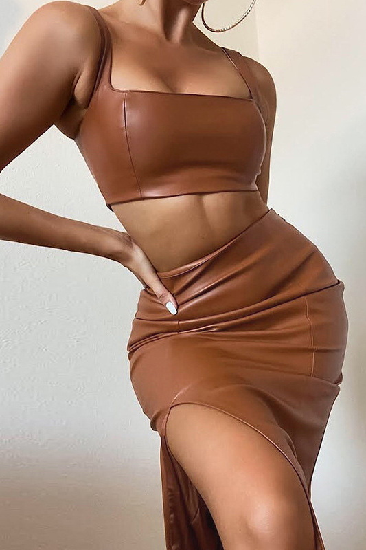 Caramel Faux Leather Crop Top & Skirt image 1