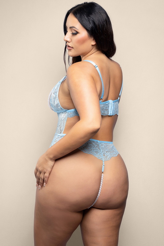 Plus Size Enchanted Light Blue Pearl Open Lace Teddy image 1