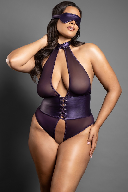 Plus Size Meshed in Leatherette Deep Purple Crotchless Halter Teddy